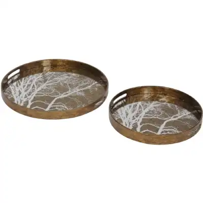 Gold Set Of 2 Round Tree Tea Serving Trays