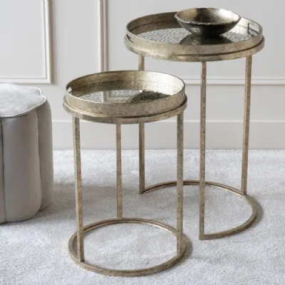 Antique Gold Diamond Pattern Set of 2 Round Side Tray Tables