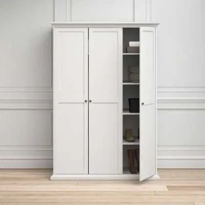 White 3 Door Triple Wardrobe with Shelves Metal Round Knobs