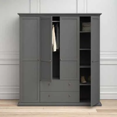 Matt Grey Large 4 Door 2 Drawer Wardrobe