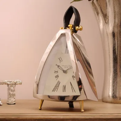 Curved Triangular Mantel Clock with Leather Handle