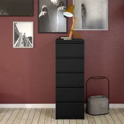 Matt Black Slim Narrow 5 Drawer Chest of Drawers Recessed Handles