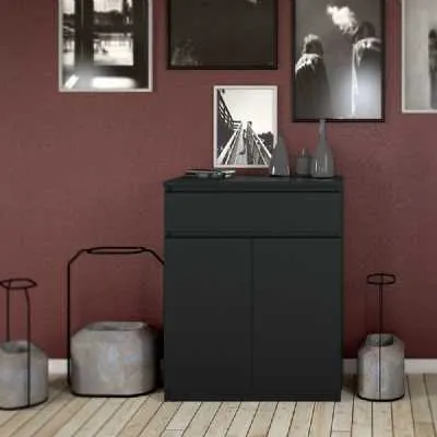 Matt Black Small Sideboard Cupboard Storage Unit 1 Drawer 2 Doors