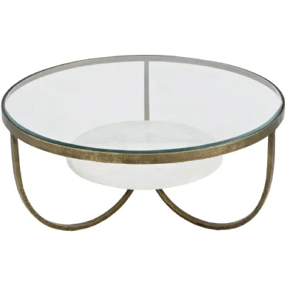 Gold Metal and Glass Round Coffee Table White Marble Base