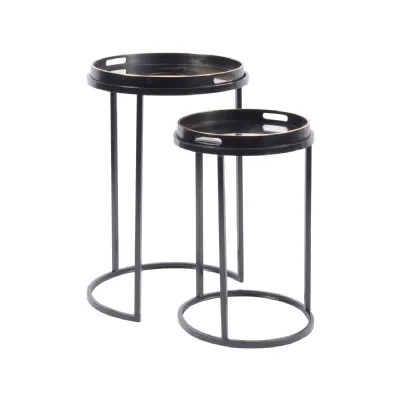Black and Gold Mirrored Set of 2 Round Nesting Side Tables