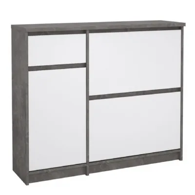 Shoe Cabinet with 2 Shoe Compartments, 1 Door and 1 Drawer in Concrete and White High Gloss