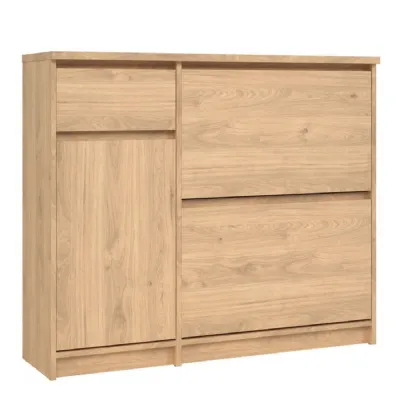 Shoe Cabinet with 2 Shoe Compartments, 1 Door and 1 Drawer in Jackson Hickory Oak