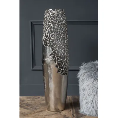 Large Tall Silver Metal Coral Effect Floor Vase