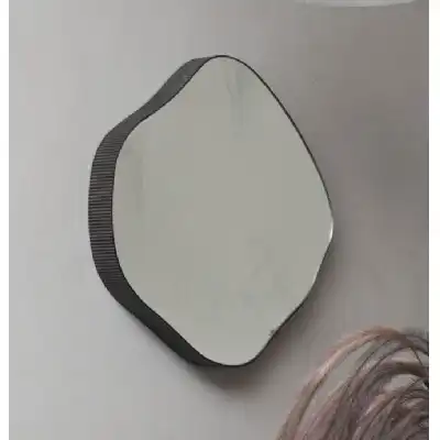 Small Wavy Edge Metal Wall Mirror Oak Wood Finish