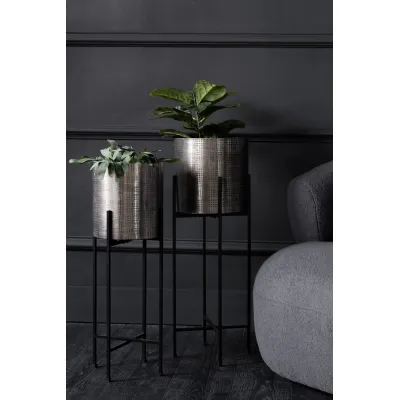 Etched Metal Set of 2 Floor Planters Black Stands