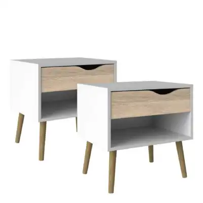 Set of 2 White and Oak 1 Drawer Bedside Tables with Shelf