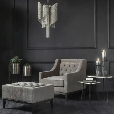 Grey Fabric Buttoned Lounge Armchair Deep Brown Wooden Frame
