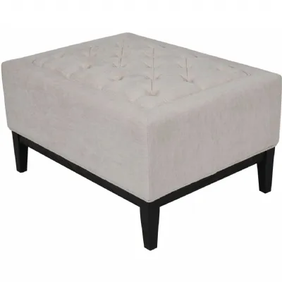 Ivory Fabric Buttoned Stool with Black Wooden Legs
