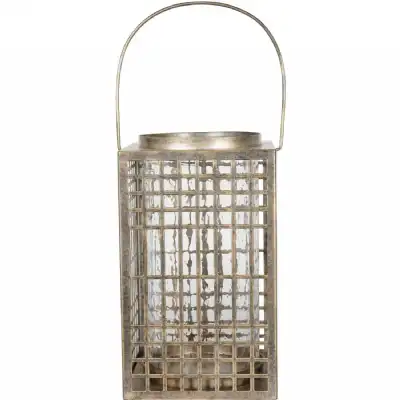 Fretwork Square Lantern in Aged Gold with Glass Flute
