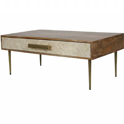 Natural Mango Wood and Bone Inlay Coffee Table with Aged Gold Legs