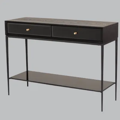 Black Wooden 2 Drawer Console Table Metal Legs