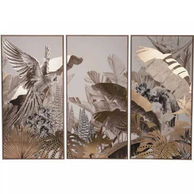 Tropical Birds Set of 3 Gold Framed Large Canvas Wall Art