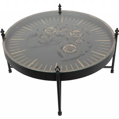 Black and Gold Round Coffee Table Clock with Moving Cogs