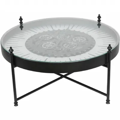 Silver Metal Round Framed Glass Clock Top Coffee Table