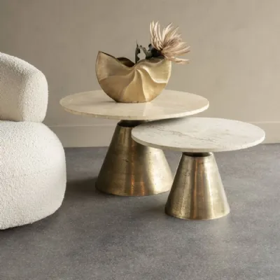Small Round Marble Effect Coffee Table Brass Cone Base 60cm