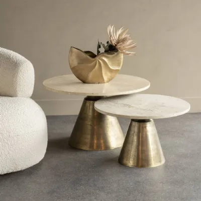 Large Round Travertine Marble Coffee Table with Antique Brass Cone Base 75cm