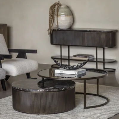 Black Round 2 Nesting Coffee Table with Marble and Glass Top