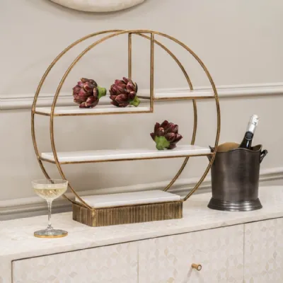 Aged Gold Multi Tier Buffet Stand with White Marble Shelves