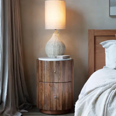 Brown Mango Wood 2 Drawer Bedside Cabinet White Marble Top