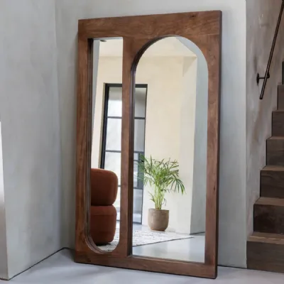 Art Deco Brown Mango Wood Floor Standing Mirror Curve Design