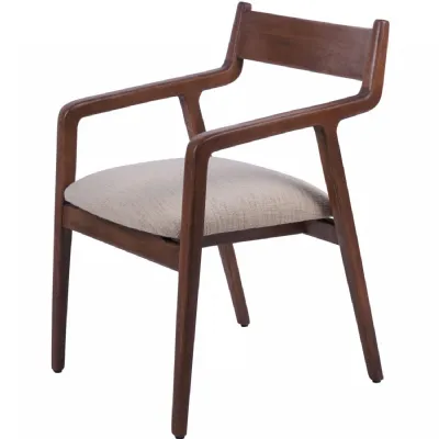 Brown Mango Wood Dining Chair with Beige Fabric Seat