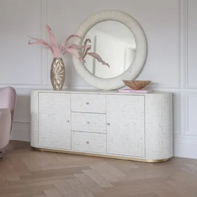 White Bone Inlay 2 Door 3 Drawer Sideboard with Brass Base