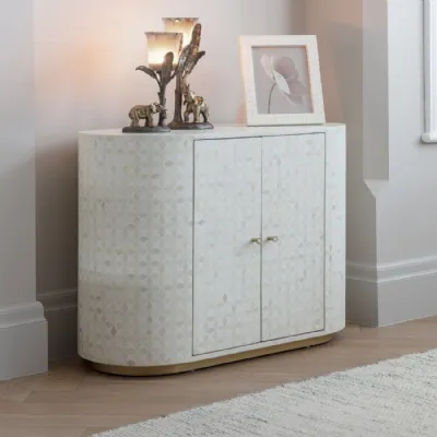 Curved White Bone Inlay 2 Door Bar Cabinet with Brass Plinth