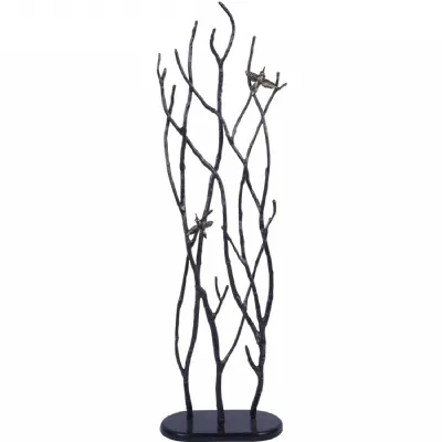 Black Metal Floor Sculpture with Birds and Branches