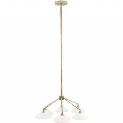 White Washed Wood and Brass Adjustable 6 Light Chandelier