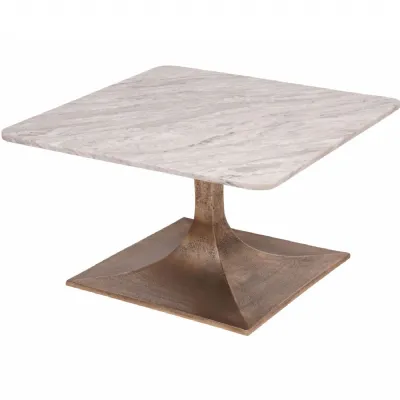 White Marble Large Square Coffee Table with Brass Base