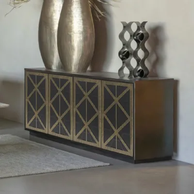 Black Washed Mango Wood 4 Door Sideboard Bronze Fretwork