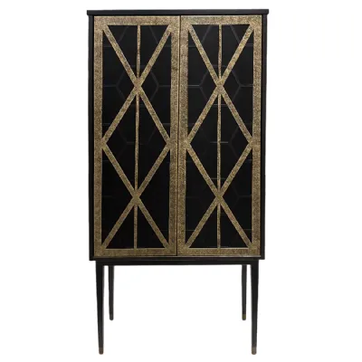 Black Washed Mango Wood Bar Cabinet Gold Fretwork Detailing