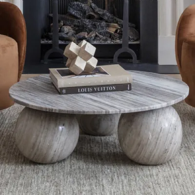 Modern Grey Marble Round Coffee Table Sculptural Ball Feet
