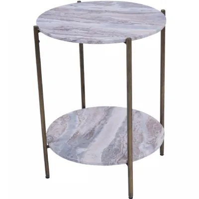 Grey Marble Round Side Table with Antique Brass Frame