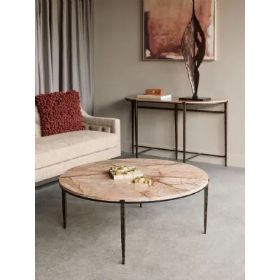Brown Marble Top Round Coffee Table with Iron Legs