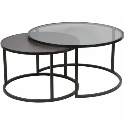 Set of 2 Black Round Large Nesting Coffee Tables with Glass Tops