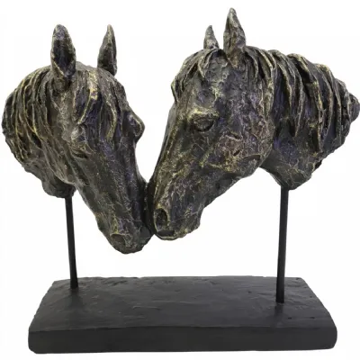 Bronze Large Bay Horse Heads Sculpture on Black Base