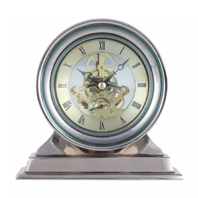 Nickel Aluminium Small Mantel Clock with Skeleton Dial