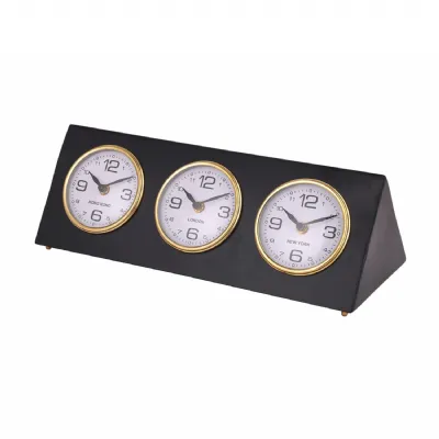 Retro Black Steel Desk Clock with Three City Dials