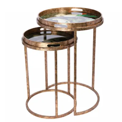 Tropical Birds Set Of 2 Side Tray Tables Gold, Green