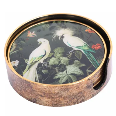 Tropical Birds Set Coasters Gold, Green
