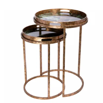 Antique Gold Metal Lounging Leopard Set of 2 Side Tray Tables