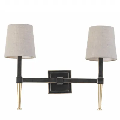 Gilded Oak and Brushed Iron Wall Light with Twin Shades