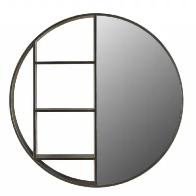 Dark Bronze Metal Small Round Wall Shelving Mirror