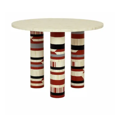 Cream Bone Round Dining Table with Geometric Inlay Legs